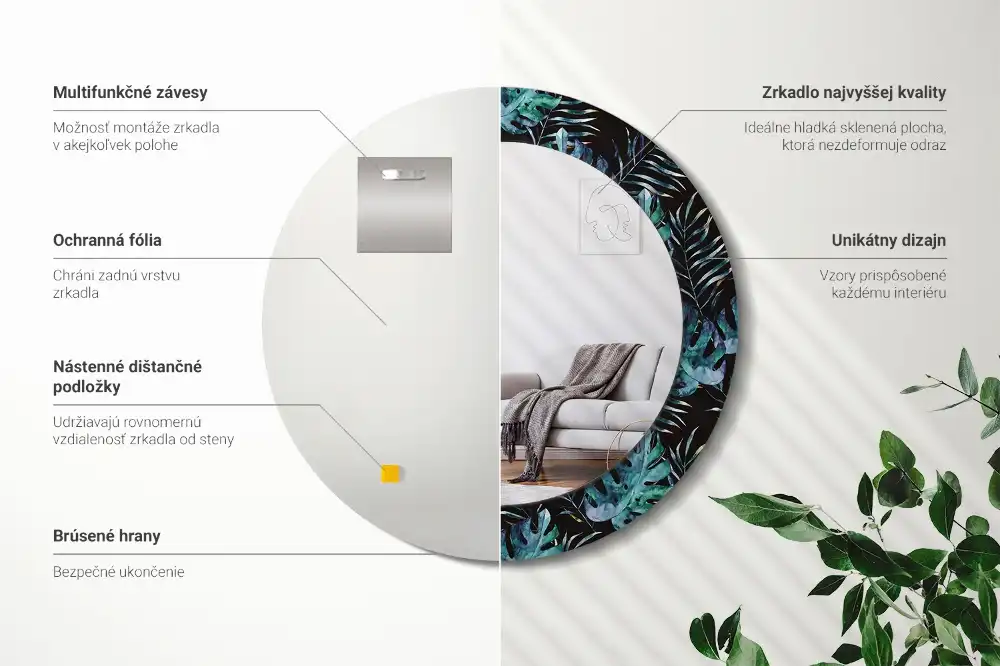 Miroir rond avec décoration feuilles exotiques