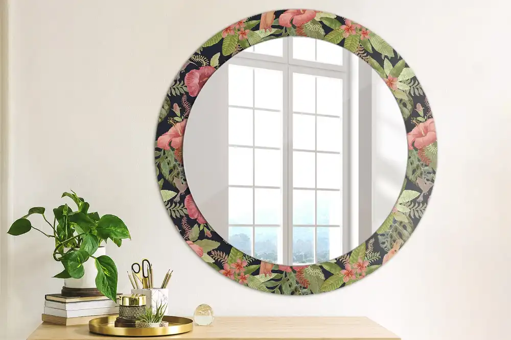 Miroir rond avec décoration hibiscus