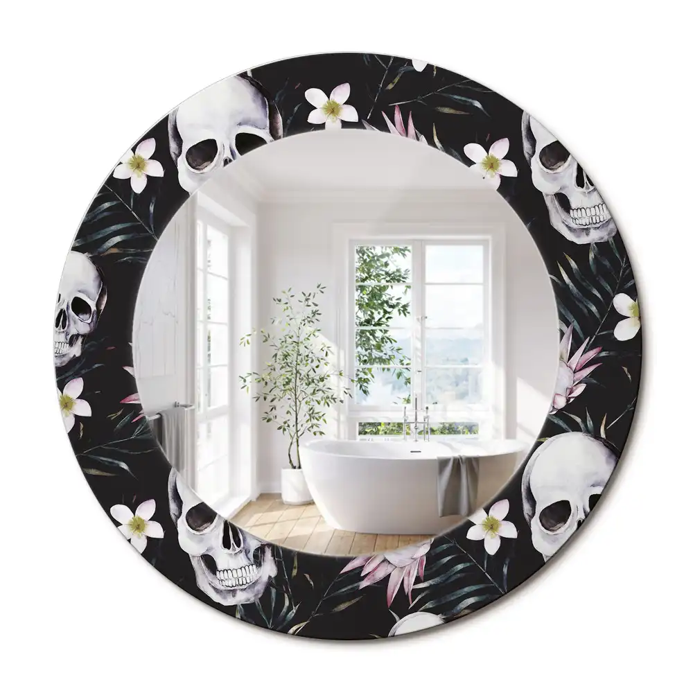 Miroir rond imprimé crânes avec fleurs