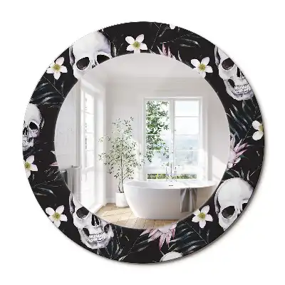Miroir rond imprimé crânes avec fleurs