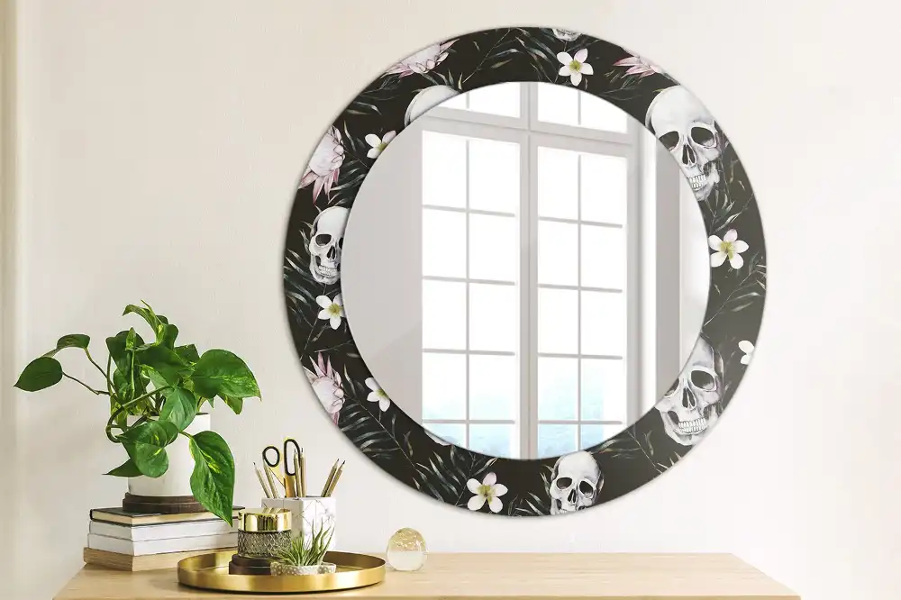 Miroir rond imprimé crânes avec fleurs