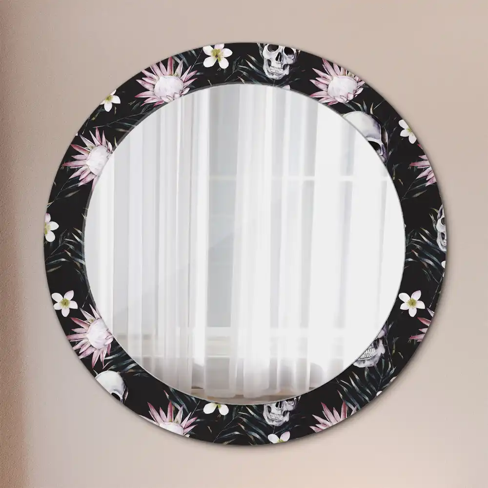 Miroir rond imprimé crânes avec fleurs