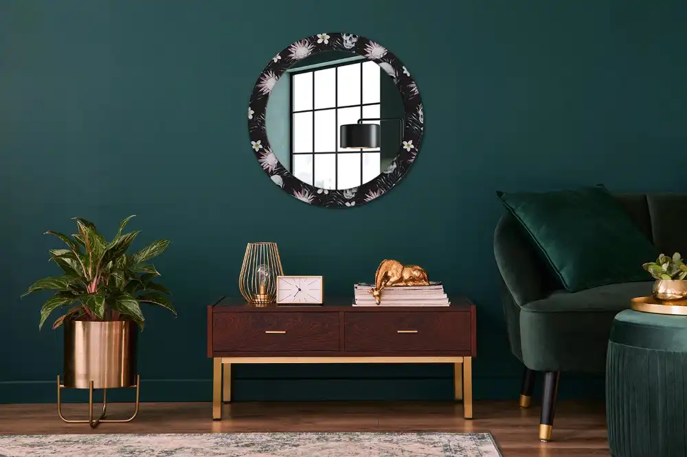 Miroir rond imprimé crânes avec fleurs