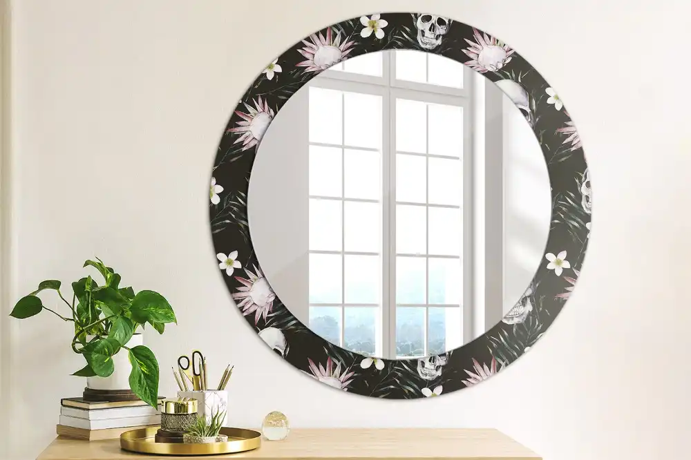 Miroir rond imprimé crânes avec fleurs