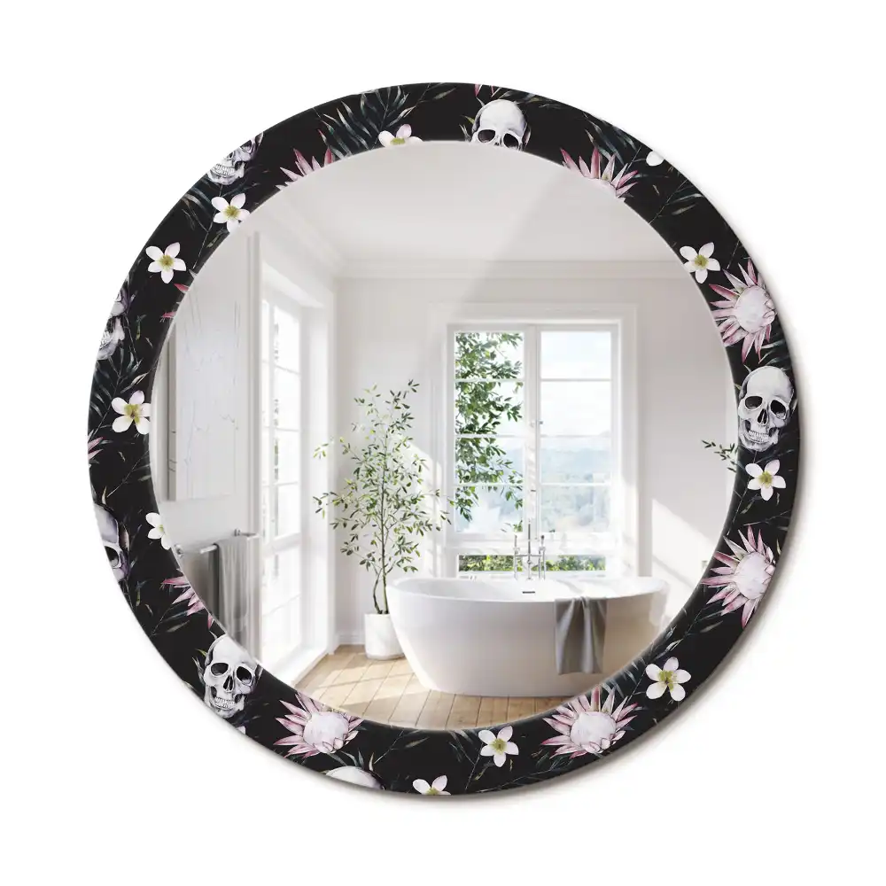 Miroir rond imprimé crânes avec fleurs
