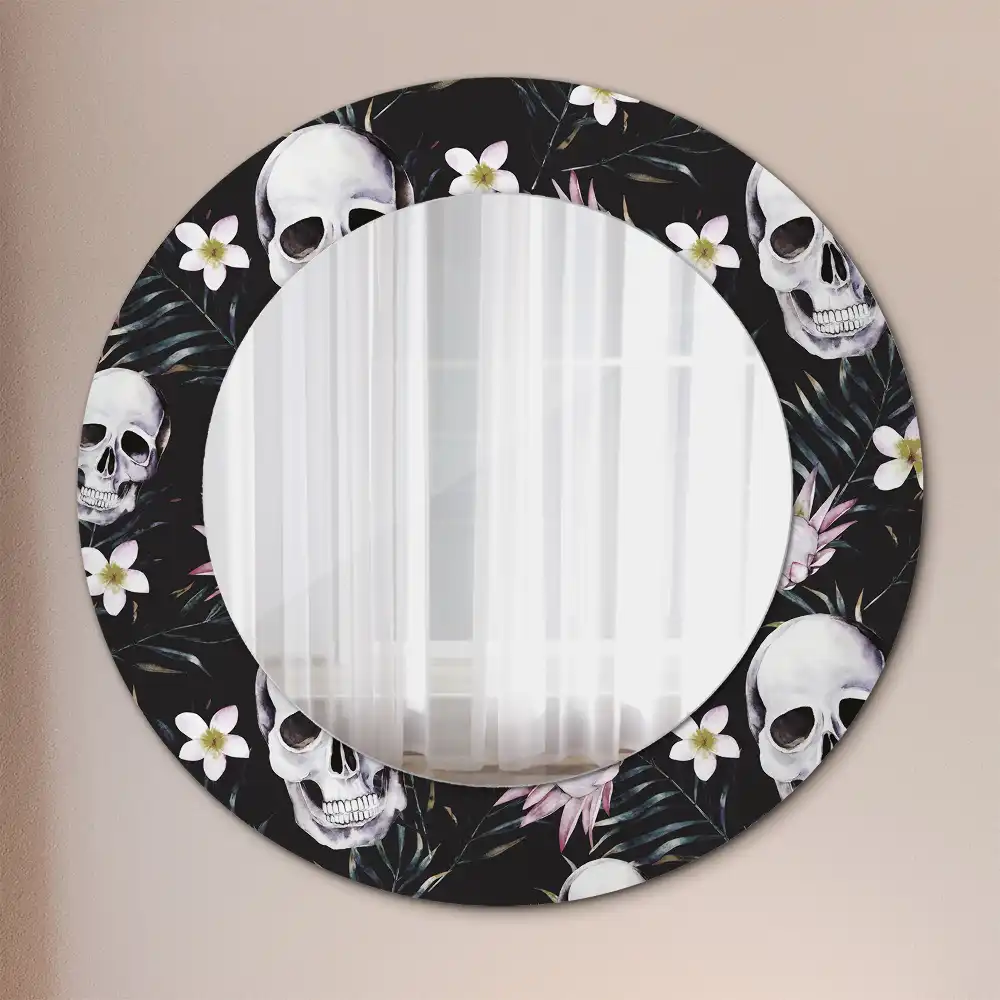 Miroir rond imprimé crânes avec fleurs