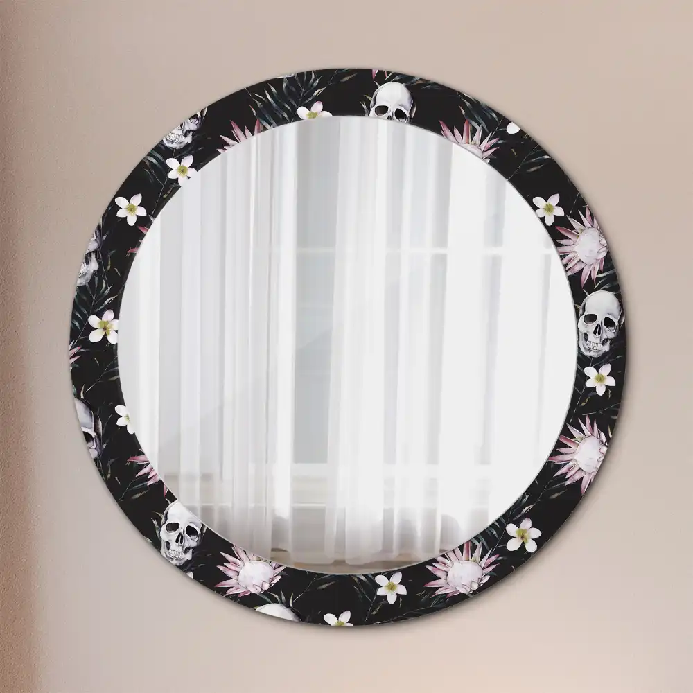 Miroir rond imprimé crânes avec fleurs