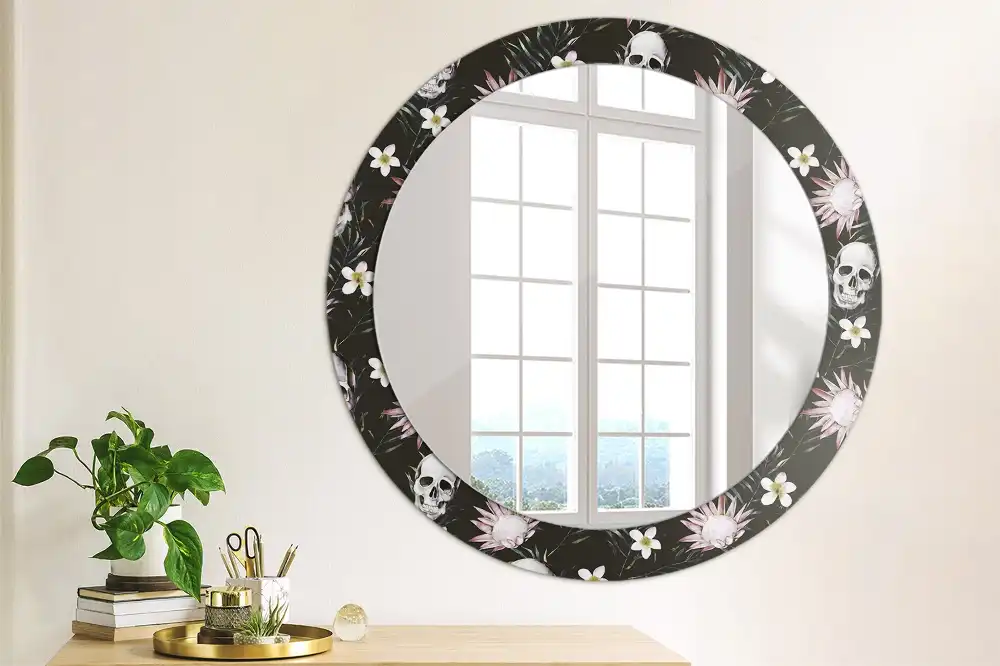 Miroir rond imprimé crânes avec fleurs