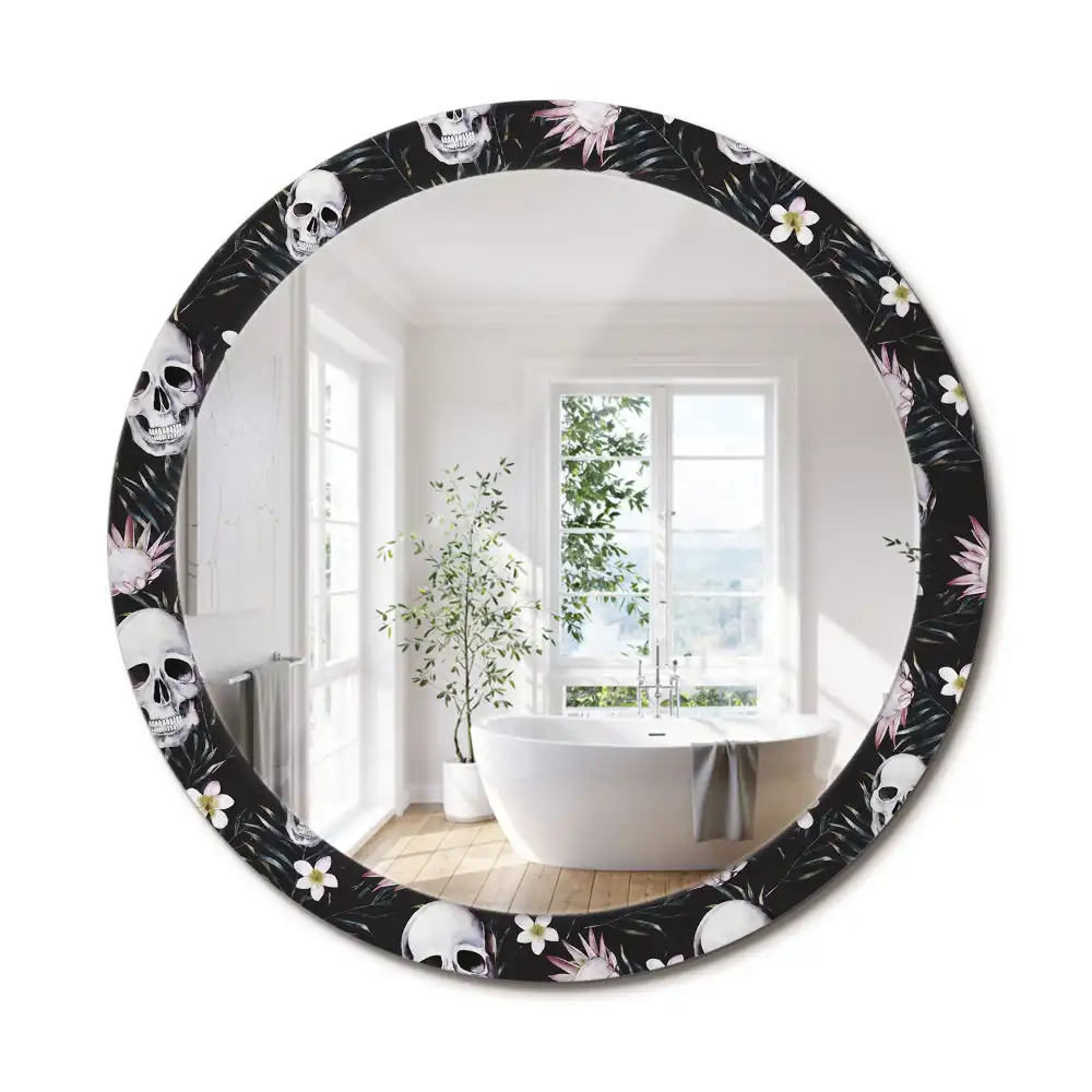Miroir rond imprimé crânes avec fleurs