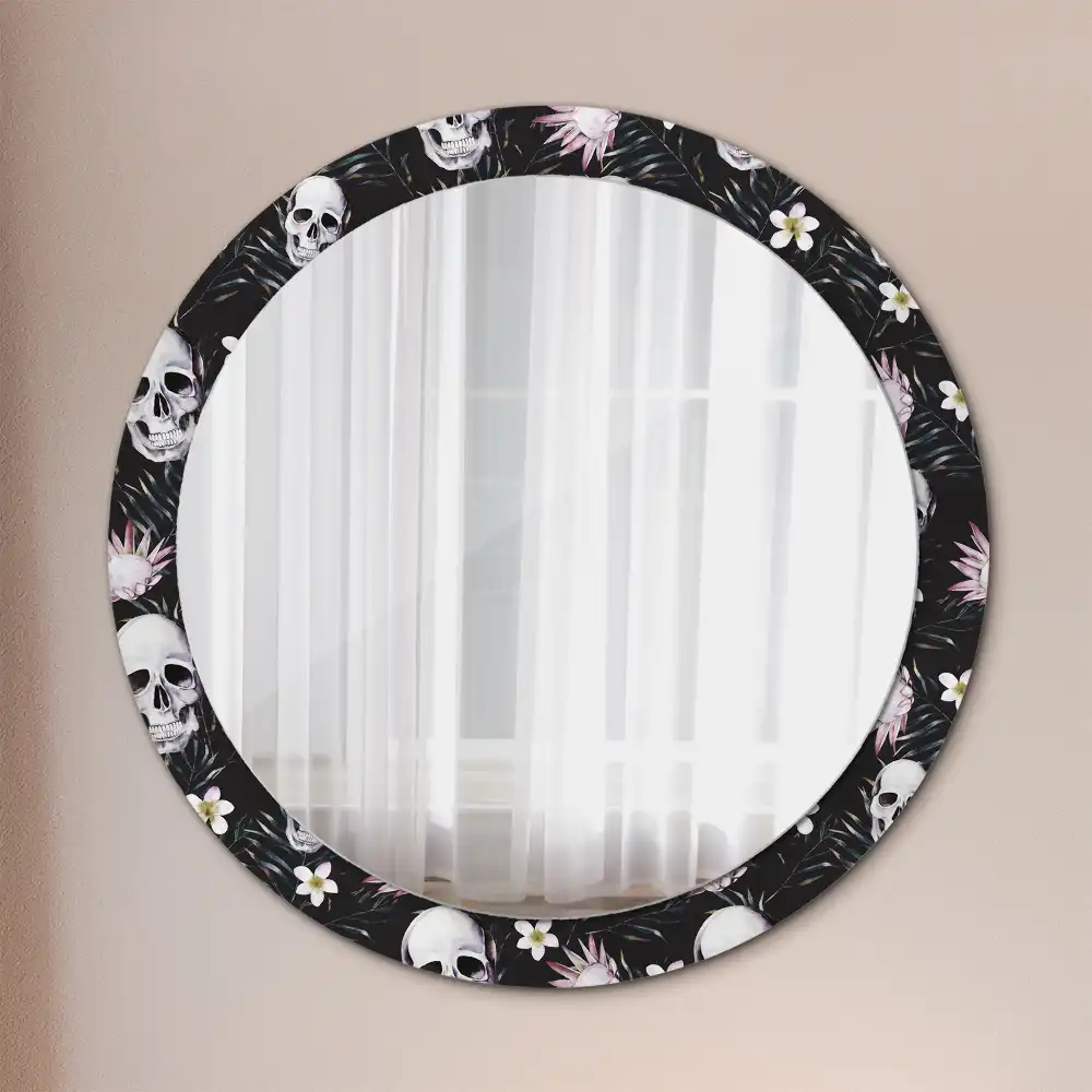 Miroir rond imprimé crânes avec fleurs