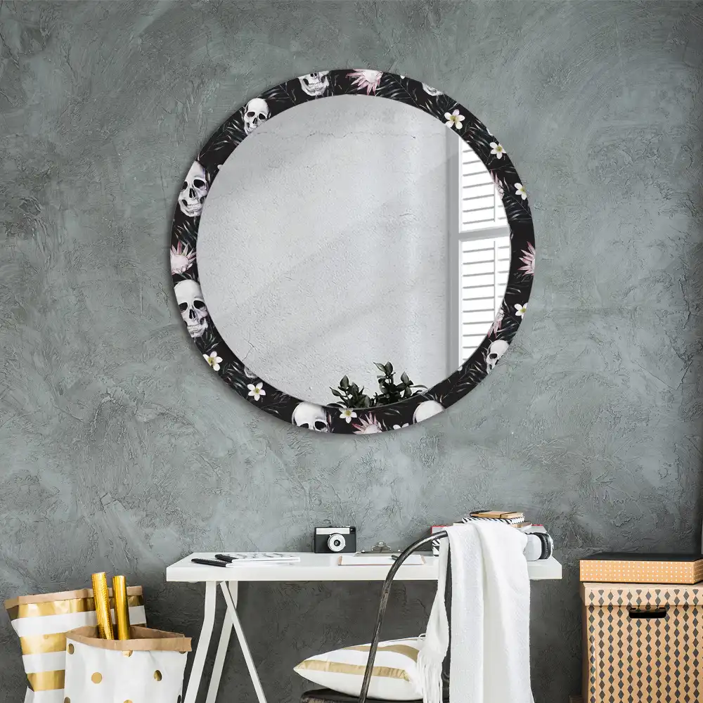 Miroir rond imprimé crânes avec fleurs