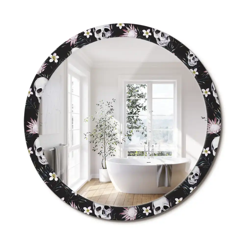 Miroir rond imprimé crânes avec fleurs