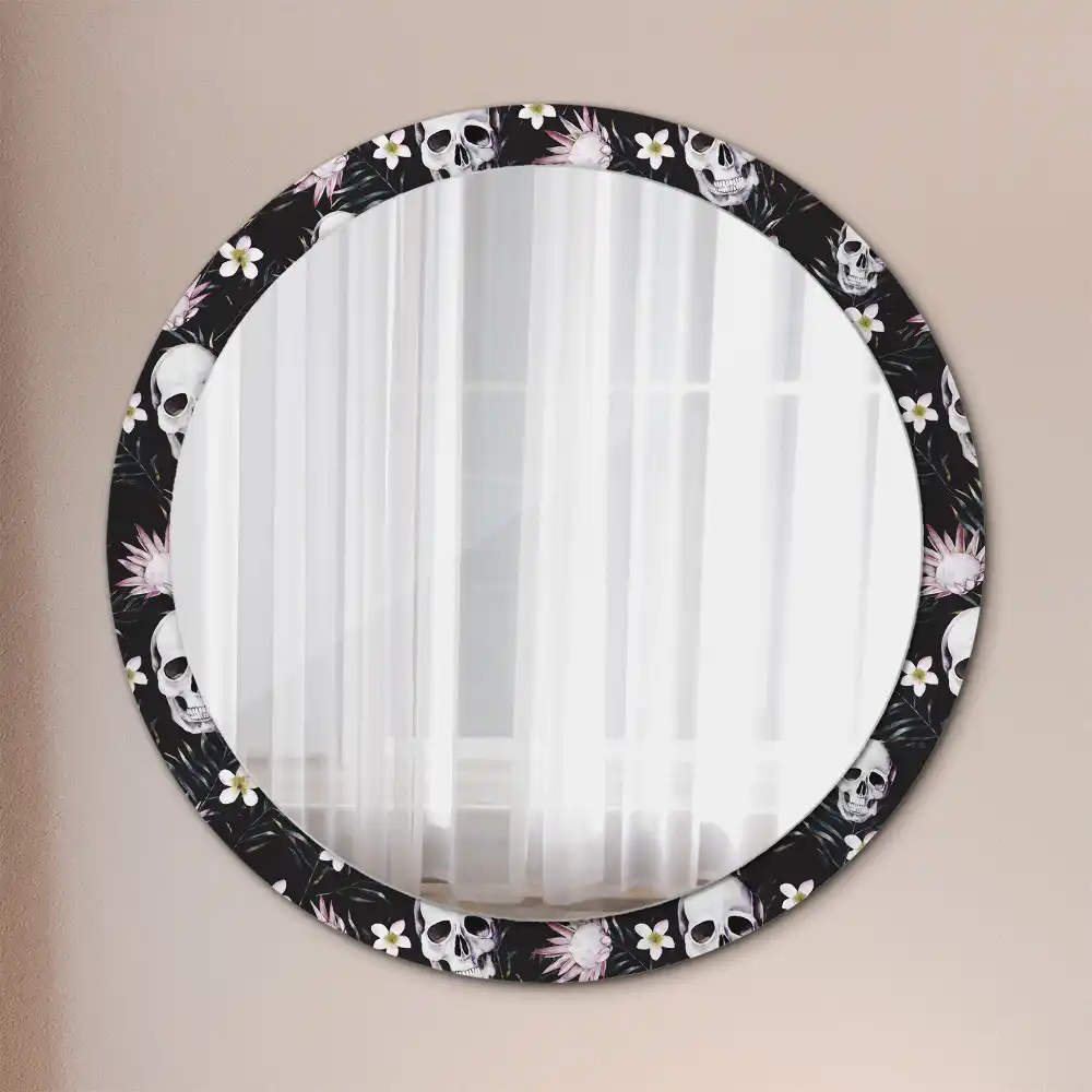 Miroir rond imprimé crânes avec fleurs