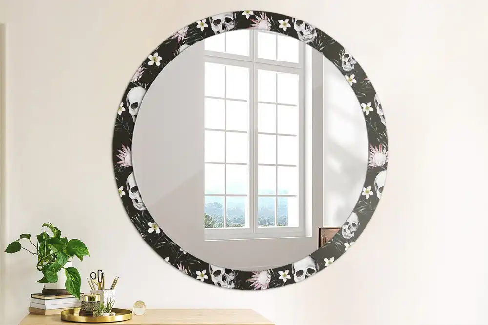Miroir rond imprimé crânes avec fleurs
