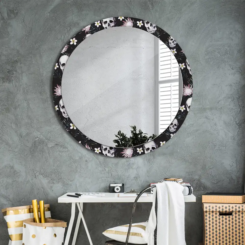 Miroir rond imprimé crânes avec fleurs