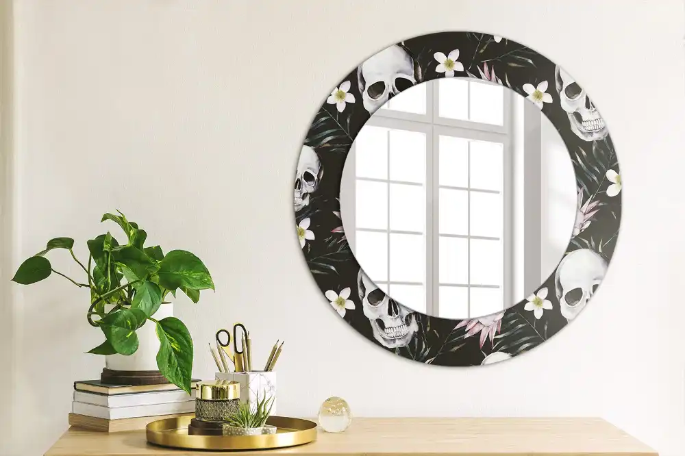 Miroir rond imprimé crânes avec fleurs