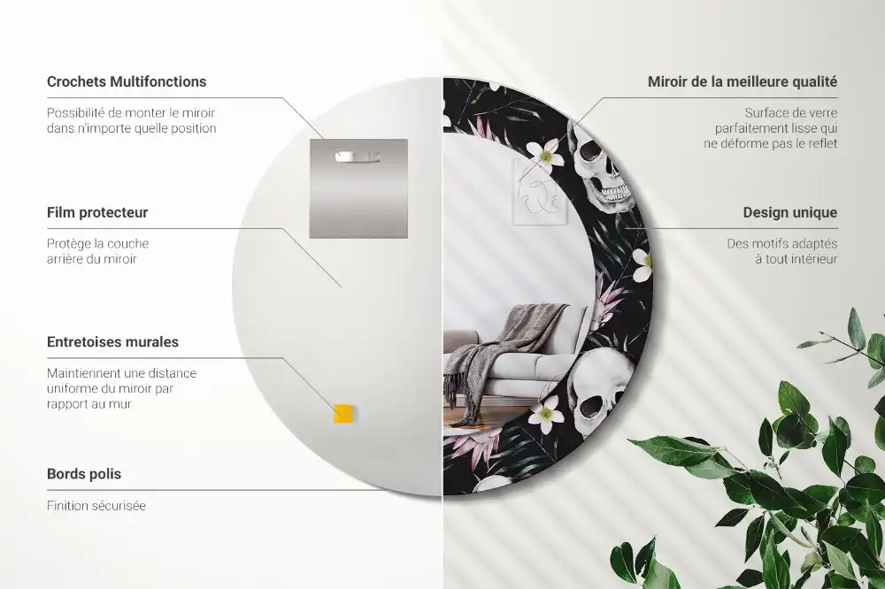 Miroir rond imprimé crânes avec fleurs