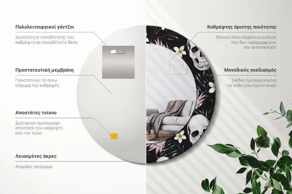 Miroir rond imprimé crânes avec fleurs