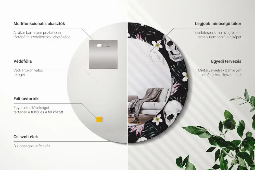 Miroir rond imprimé crânes avec fleurs