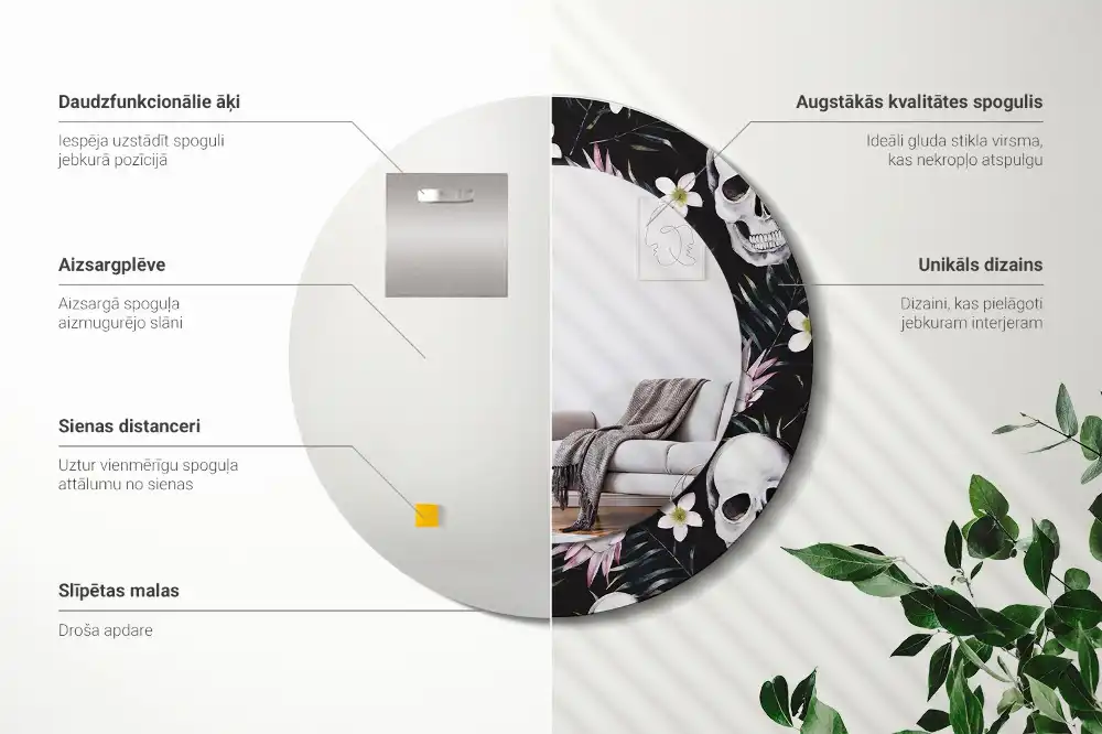 Miroir rond imprimé crânes avec fleurs