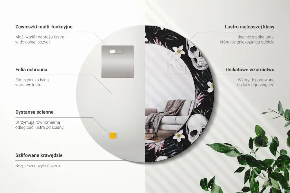 Miroir rond imprimé crânes avec fleurs