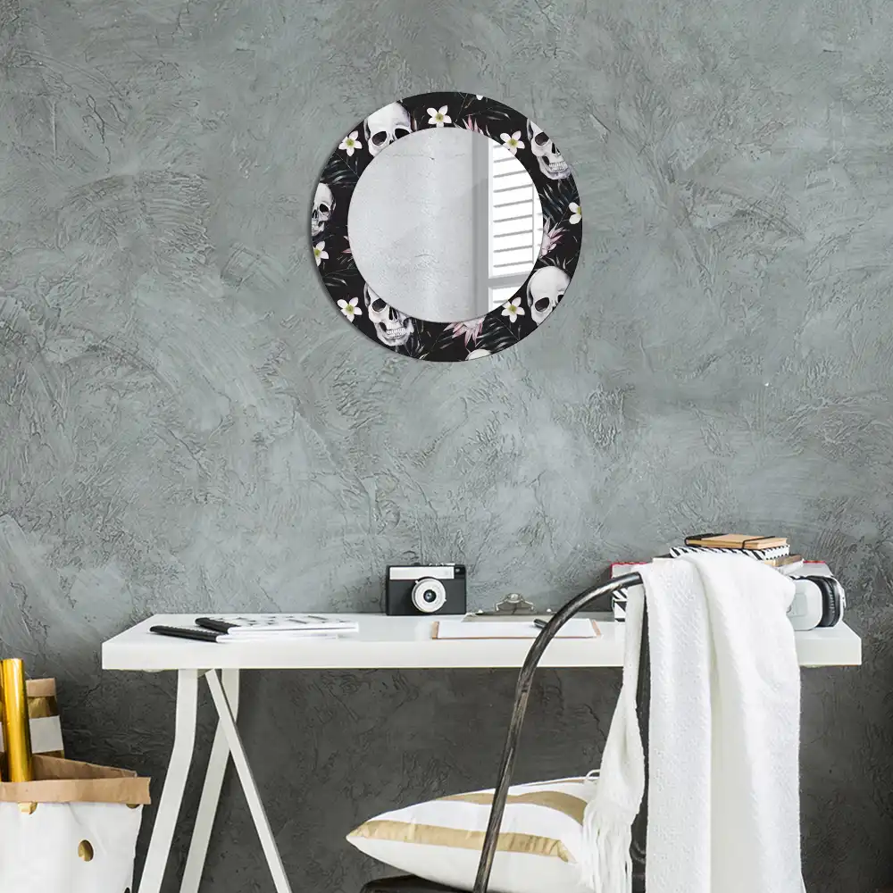 Miroir rond imprimé crânes avec fleurs