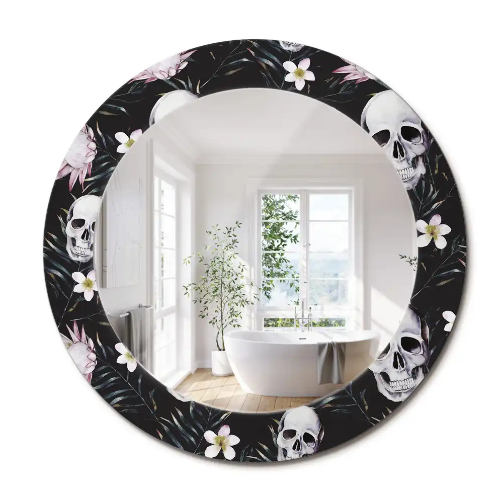Miroir rond imprimé crânes avec fleurs