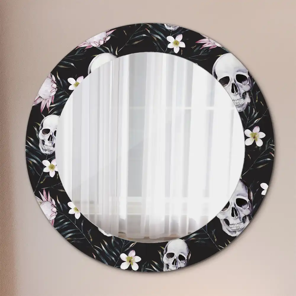 Miroir rond imprimé crânes avec fleurs