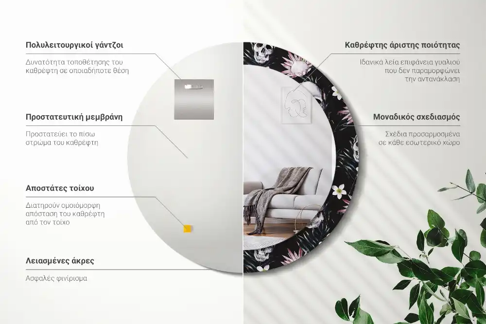 Miroir rond imprimé crânes avec fleurs