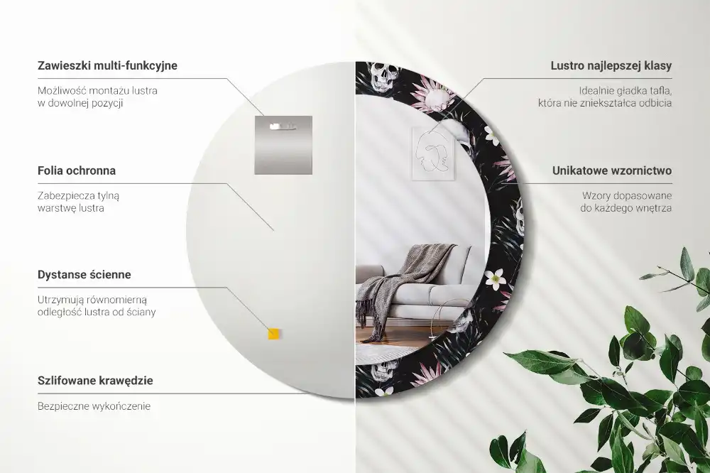 Miroir rond imprimé crânes avec fleurs