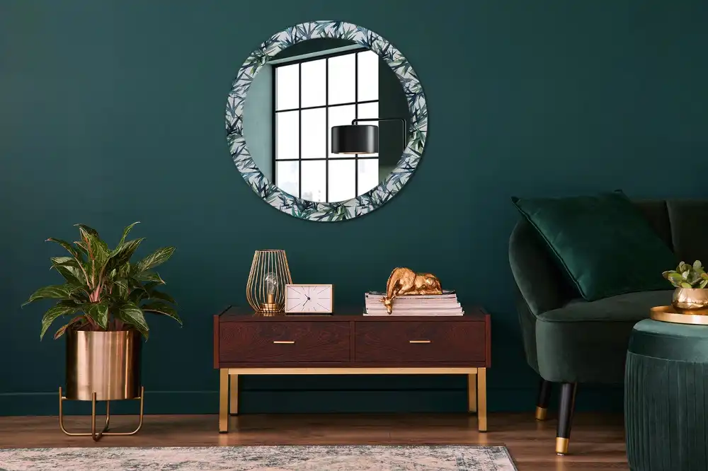 Miroir rond cadre imprimé palmiers bleus