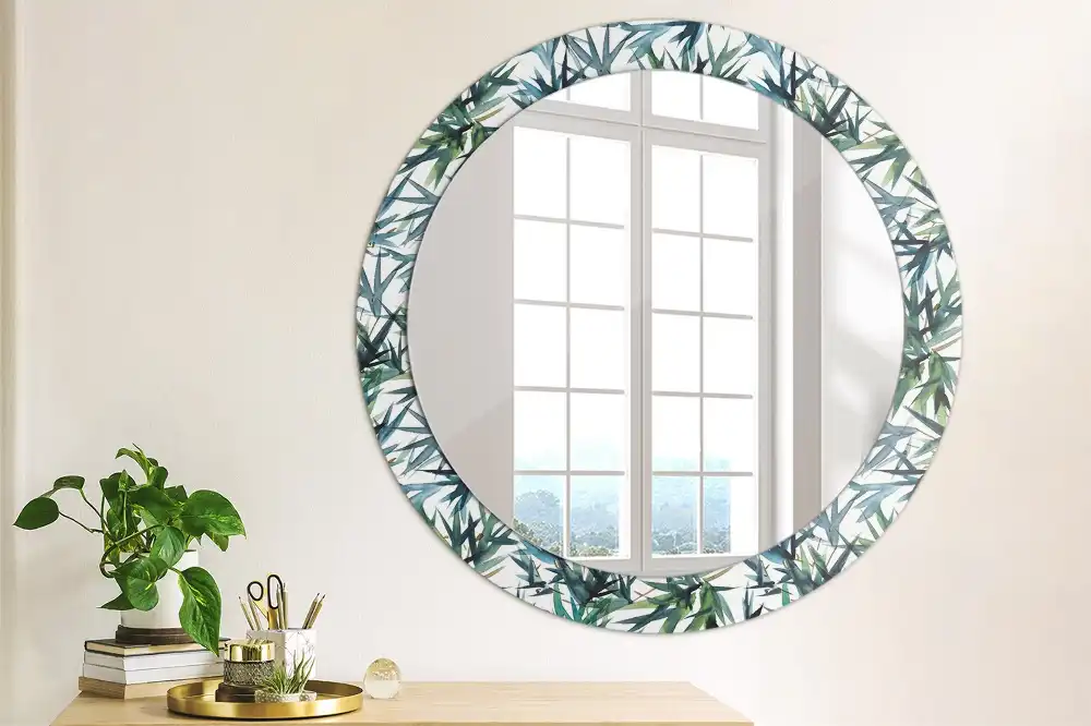 Miroir rond cadre imprimé palmiers bleus