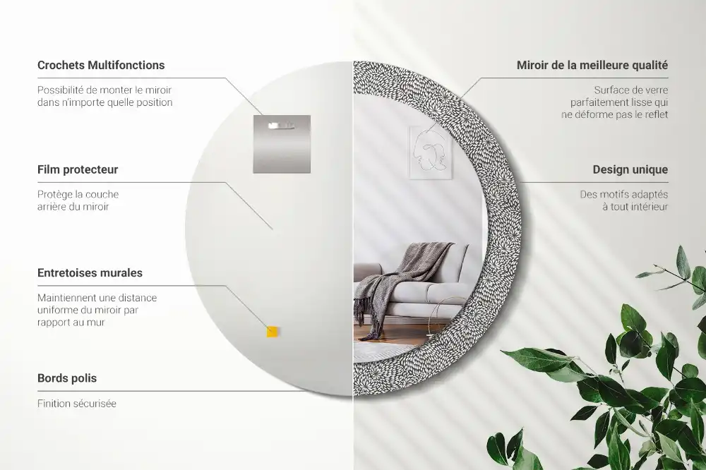 Miroir rond cadre imprimé motif floral