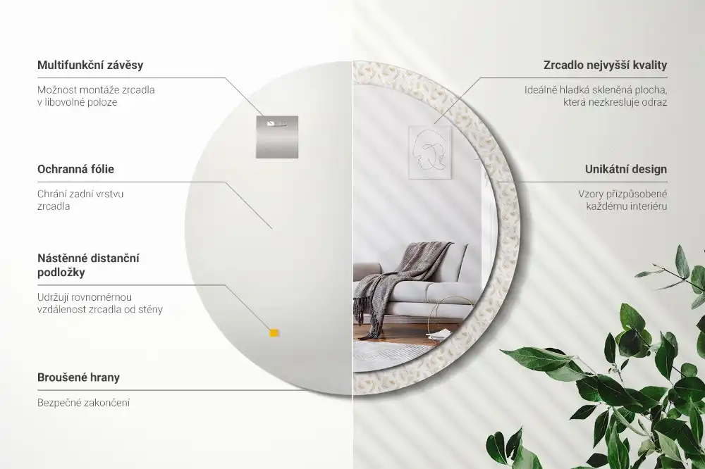 Miroir rond avec décoration plumes d'oiseaux
