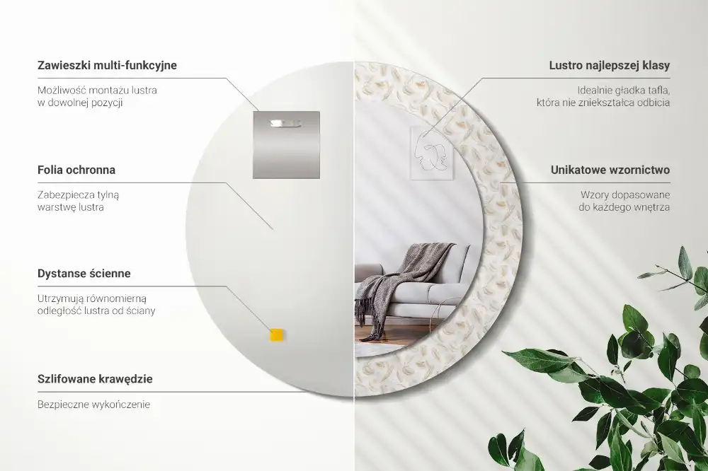 Miroir rond avec décoration plumes d'oiseaux