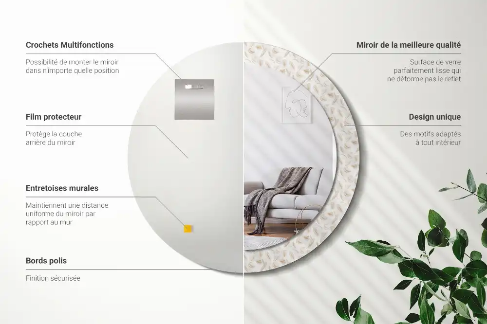 Miroir rond avec décoration plumes d'oiseaux