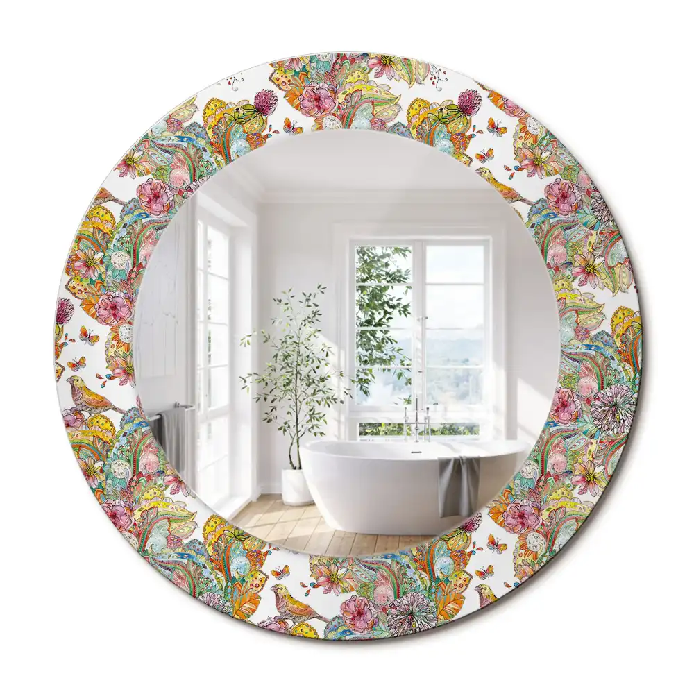 Miroir rond cadre avec impression fleurs féeriques