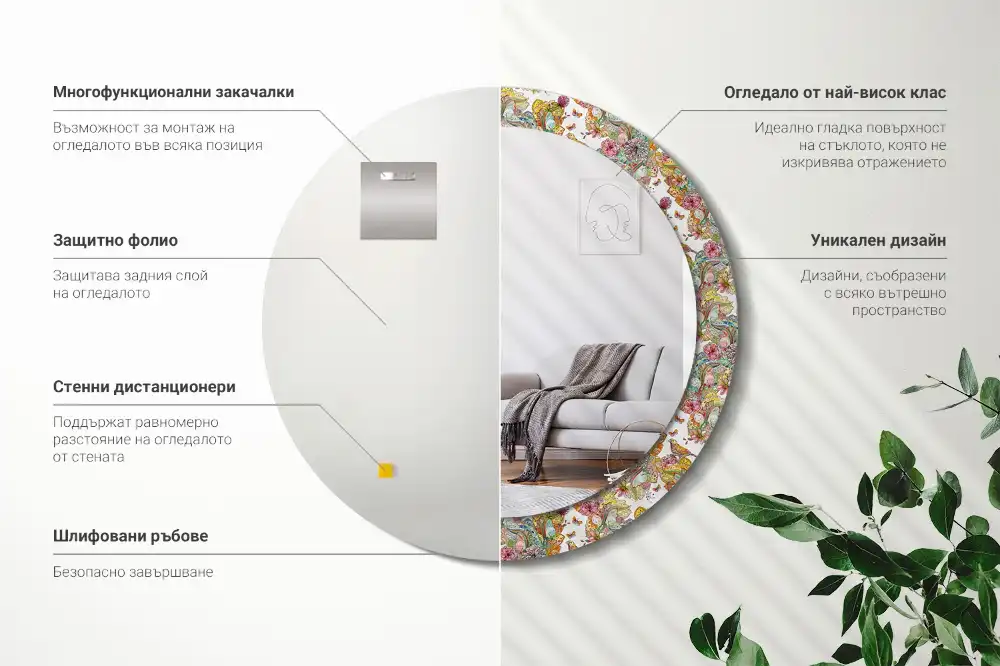Miroir rond cadre avec impression fleurs féeriques