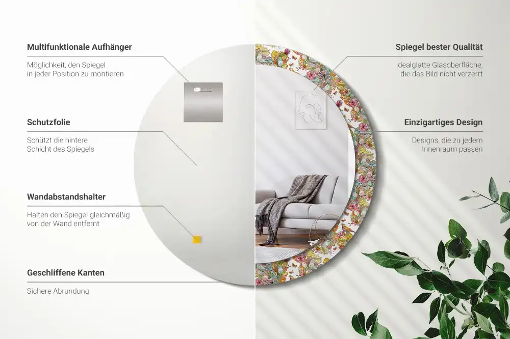 Miroir rond cadre avec impression fleurs féeriques