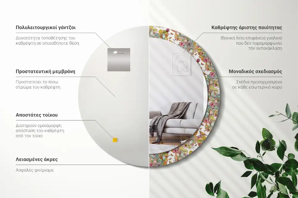 Miroir rond cadre avec impression fleurs féeriques