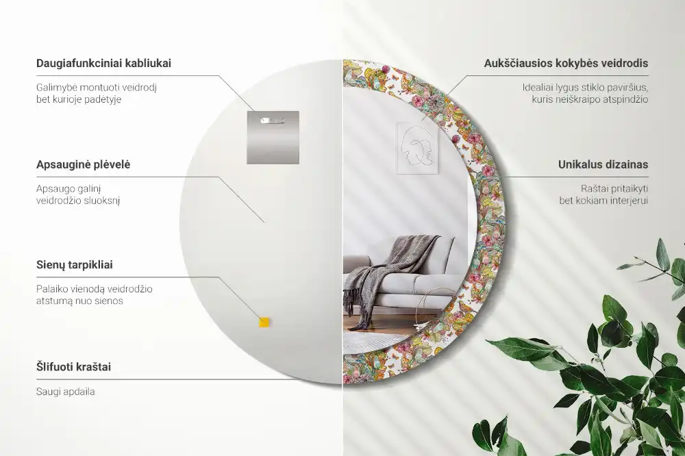Miroir rond cadre avec impression fleurs féeriques