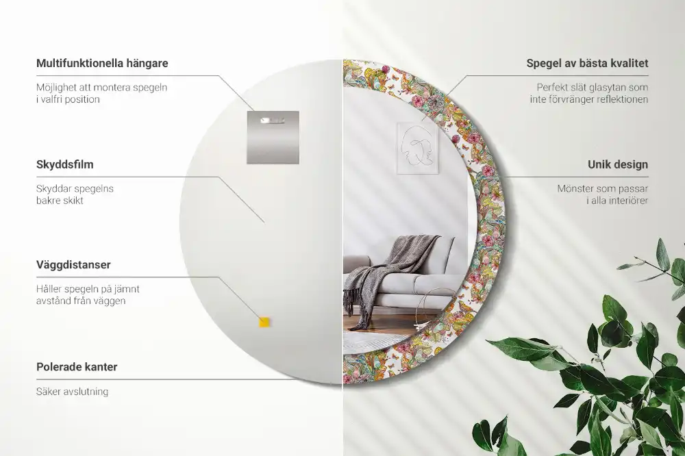 Miroir rond cadre avec impression fleurs féeriques