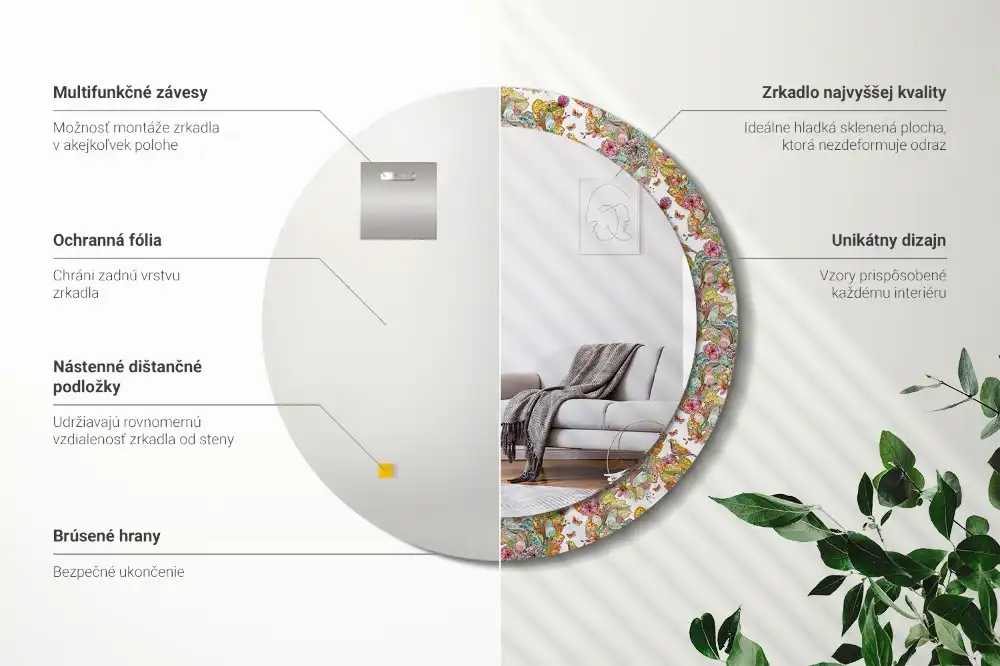 Miroir rond cadre avec impression fleurs féeriques