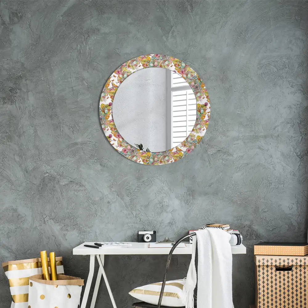 Miroir rond cadre avec impression fleurs féeriques