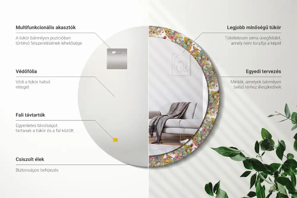 Miroir rond cadre avec impression fleurs féeriques