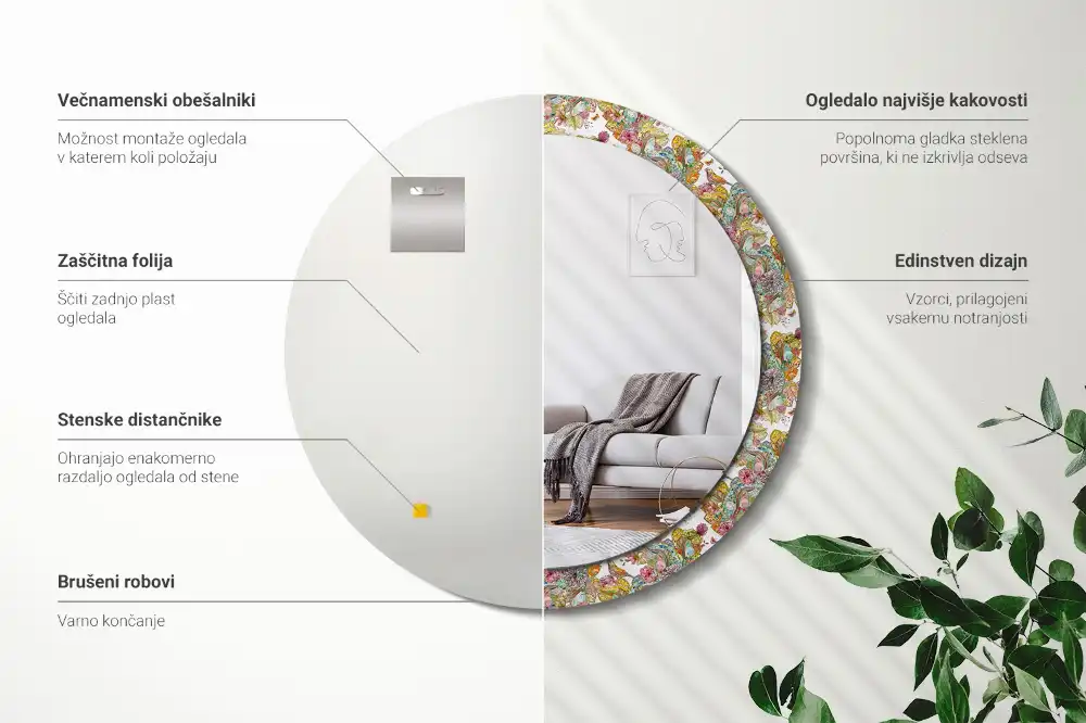 Miroir rond cadre avec impression fleurs féeriques