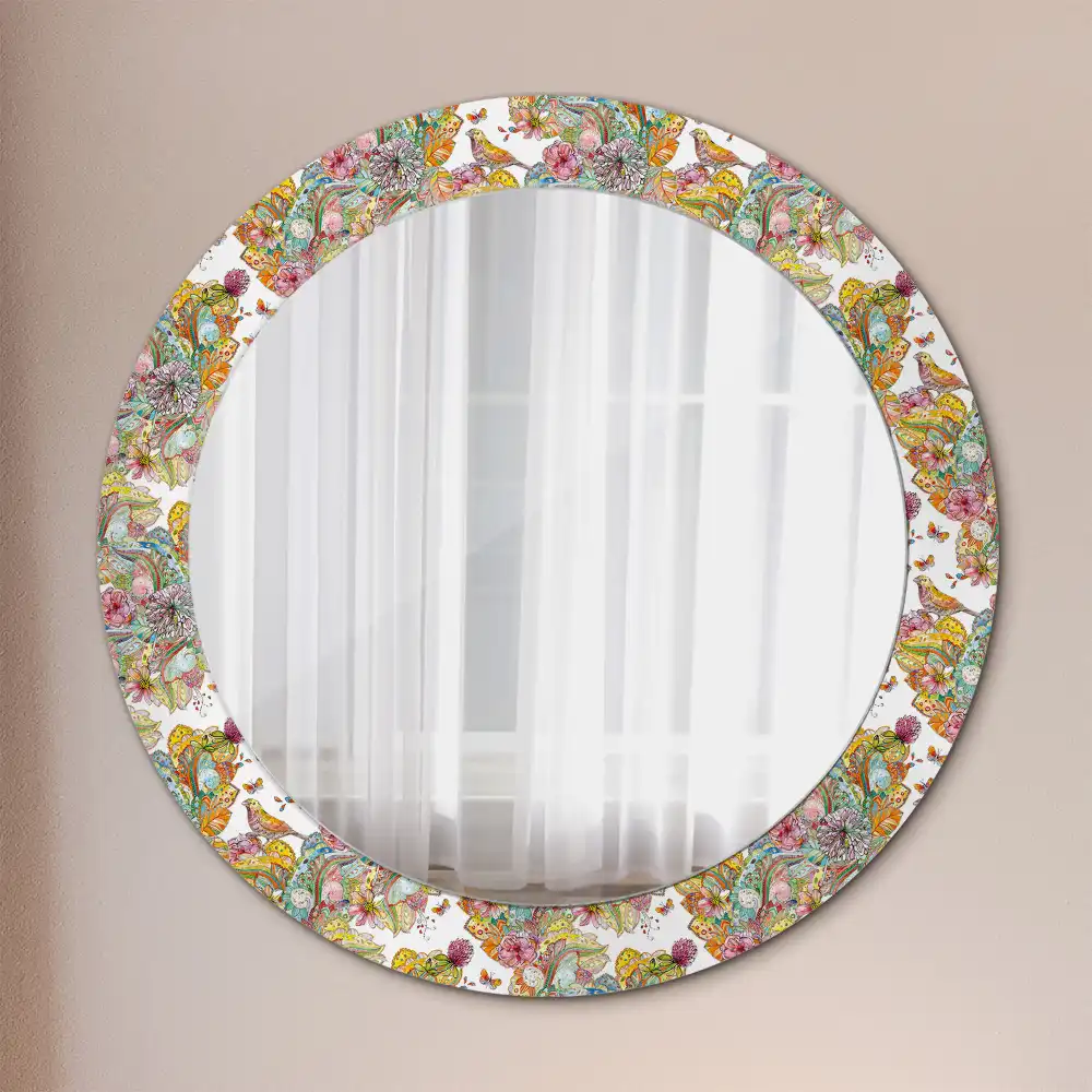 Miroir rond cadre avec impression fleurs féeriques