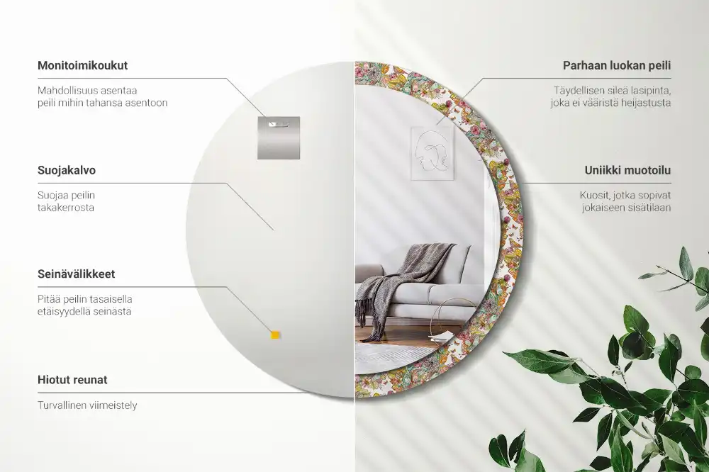 Miroir rond cadre avec impression fleurs féeriques