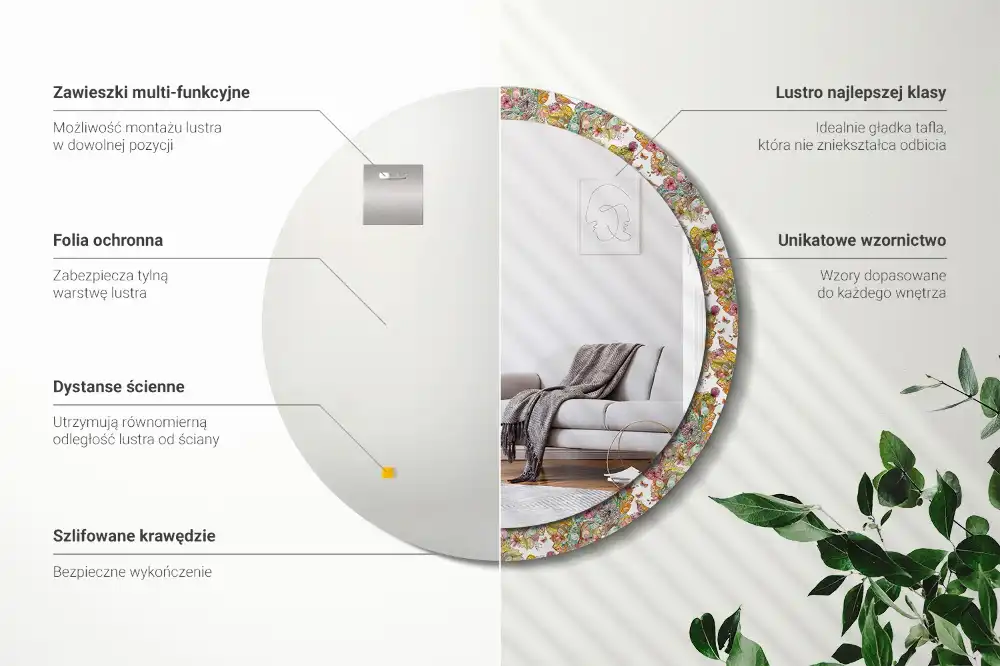 Miroir rond cadre avec impression fleurs féeriques