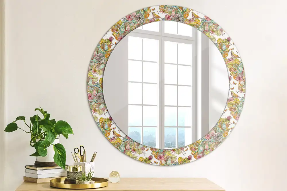 Miroir rond cadre avec impression fleurs féeriques